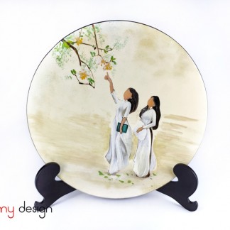 White round lacquer dish hand-painted with girls in long dress included with stand 30 cm